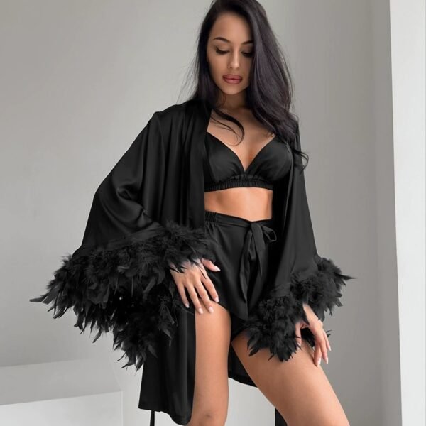 Feather-paneled soft three-piece pajama set
