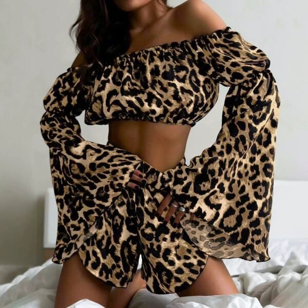 leopard print off the shoulder sexy pajama set that can be worn outside