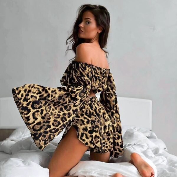 leopard print off the shoulder sexy pajama set that can be worn outside