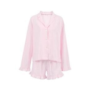 ruffled sleeve 100% cotton breathable long sleeve and shorts women's loungewear