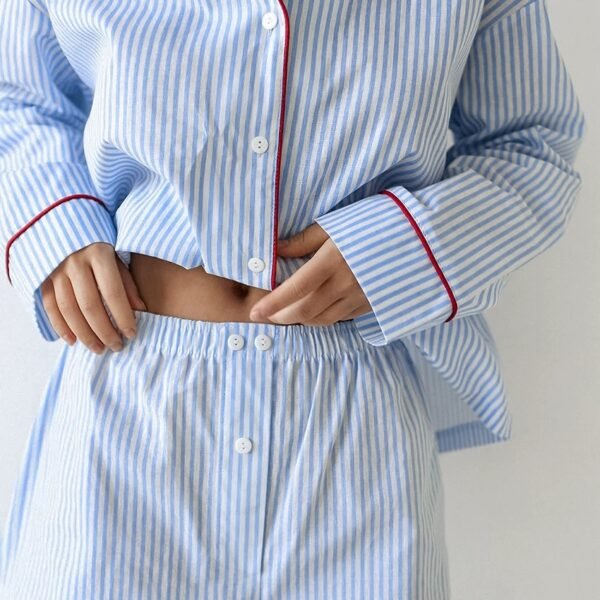 women's 100% cotton long sleeve and shorts striped two piece pajama set customizable