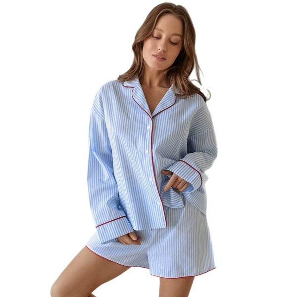 women's 100% cotton long sleeve and shorts striped two piece pajama set customizable