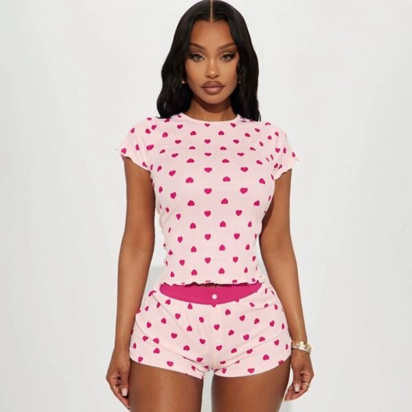 love print color block basic slim fit short sleeve and shorts loungewear set pinstar