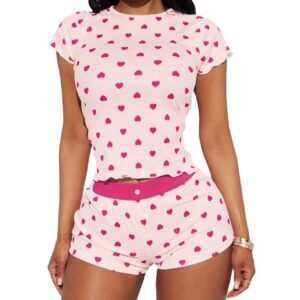love print color block basic slim fit short sleeve and shorts loungewear set pinstar
