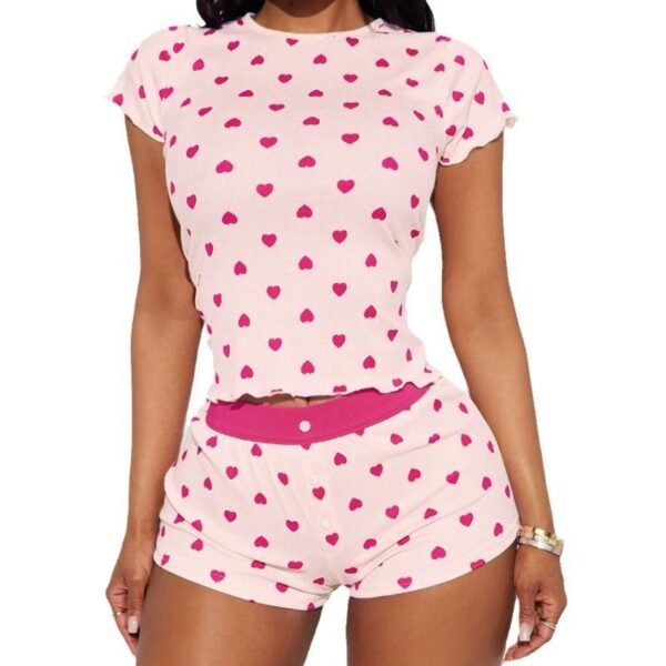love print color block basic slim fit short sleeve and shorts loungewear set pinstar