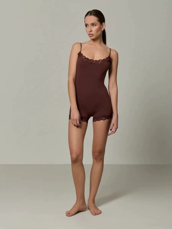 high elasticity bodysuit lace trimmed one piece with adjustable shoulder straps