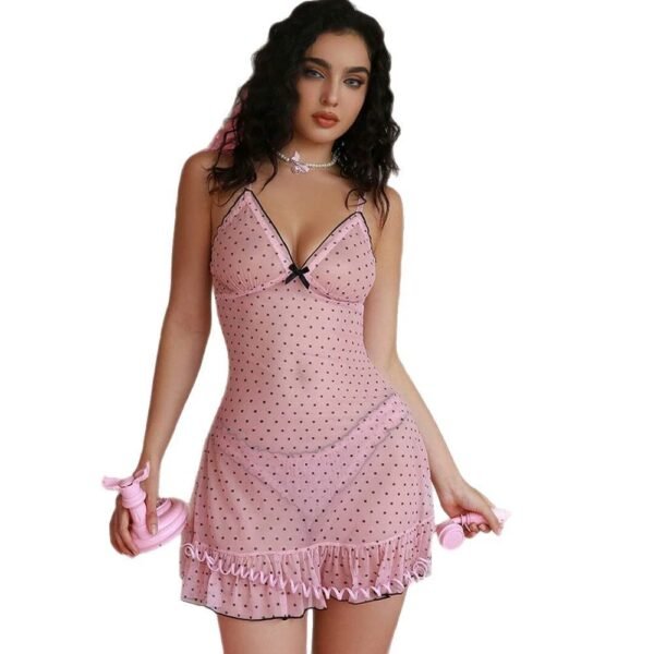 sexy sheer home pajamas: pink polka dot camisole nightdress with built in bra pads