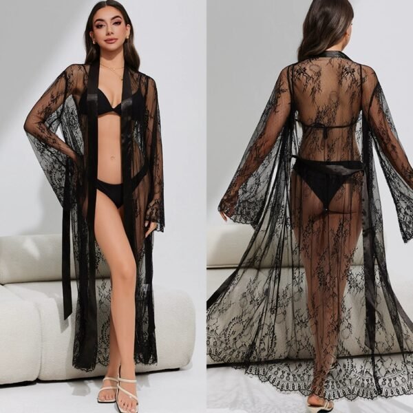 women sexy open front beach cover up see through lace kimono cardigan beach dress