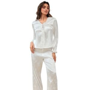 women's lace trim satin pajama sets 2 piece sleepwear long sleeve top with pants customized