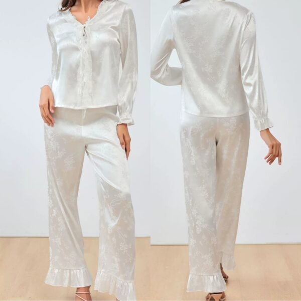 women's lace trim satin pajama sets 2 piece sleepwear long sleeve top with pants customized