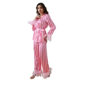 women feather trim christmas pjs set silk long sleeve pajamas cunstomized pinstar
