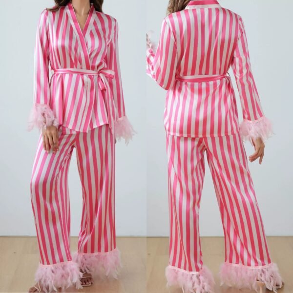 women feather trim christmas pjs set silk long sleeve pajamas cunstomized pinstar