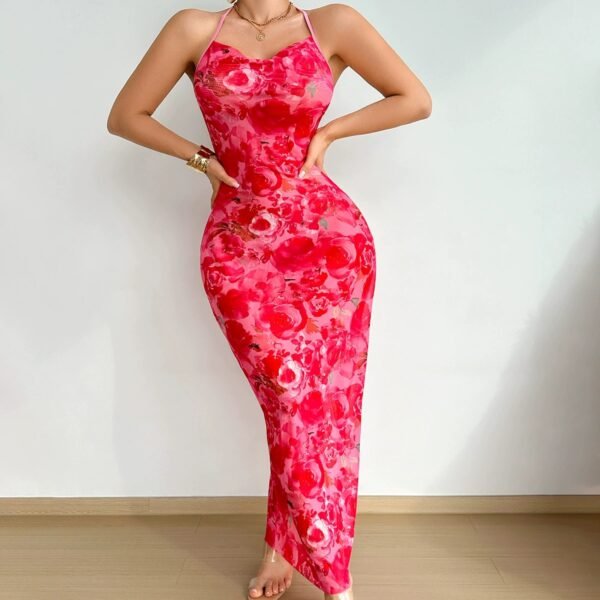 sexy spaghetti strap backless hollow out trendy printed dress customized pinstar