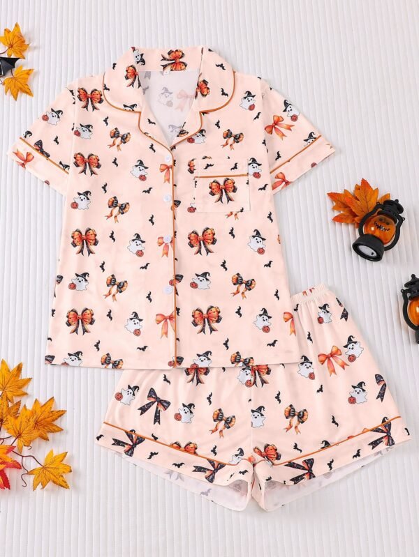 halloween printed lapel short sleeve and short pajama set customized pinstar
