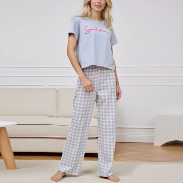 modal loungewear with alphabet print, checkered short sleeves and long pants customized pinstar