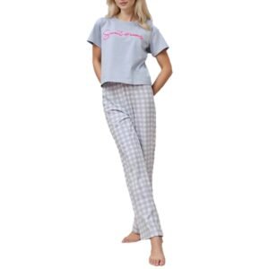 modal loungewear with alphabet print, checkered short sleeves and long pants customized pinstar