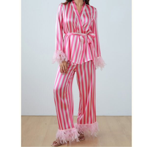 women feather trim christmas pjs set silk long sleeve pajamas cunstomized pinstar